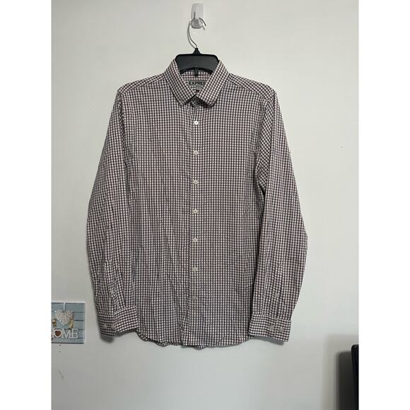 Express Mens Button Up Dress Shirt Size Medium Lightweight Plaid Red and Blue - Picture 1 of 4